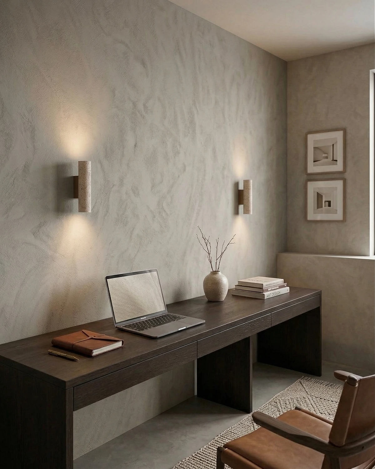 Two travertine wall sconces STELO No.02 lit up and down on the walls of a home office with a desk and laptop