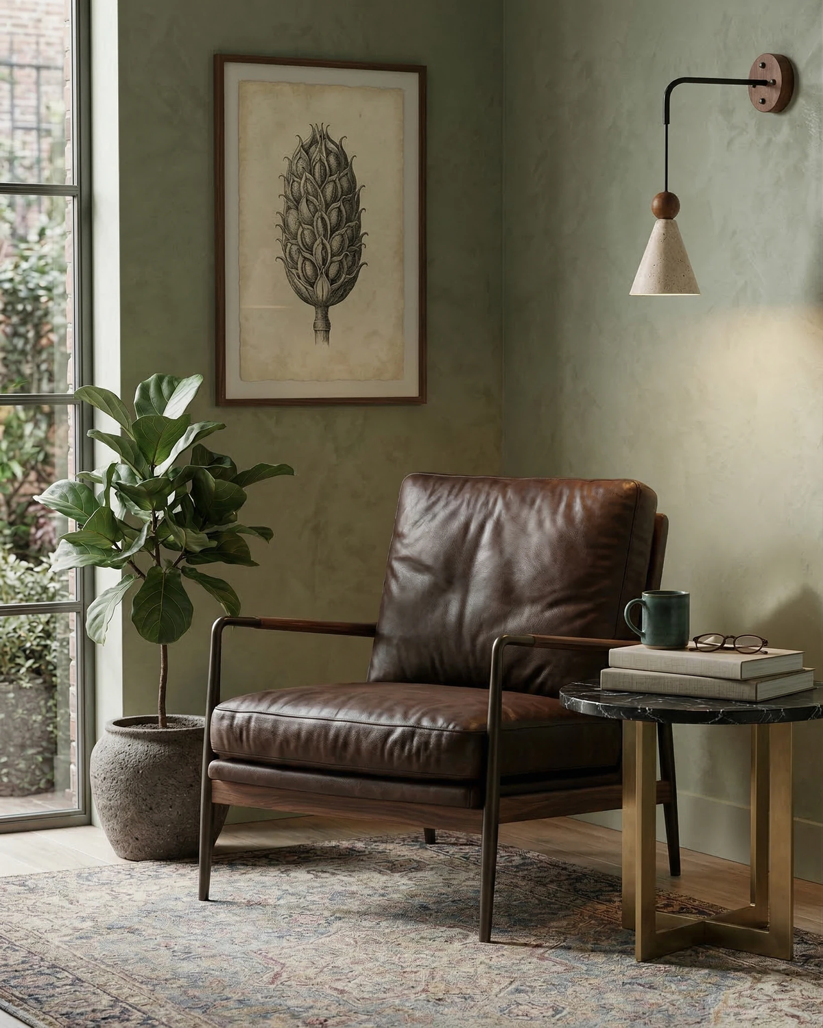 Travertine wall sconce CORTO No.01 lit on a sage green wall above a brown leather armchair and botanical print
