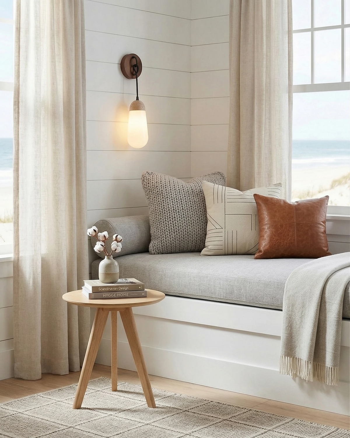 Travertine wall sconce CORTO No.02 lit above a cushioned window seat with a small side table and sea view