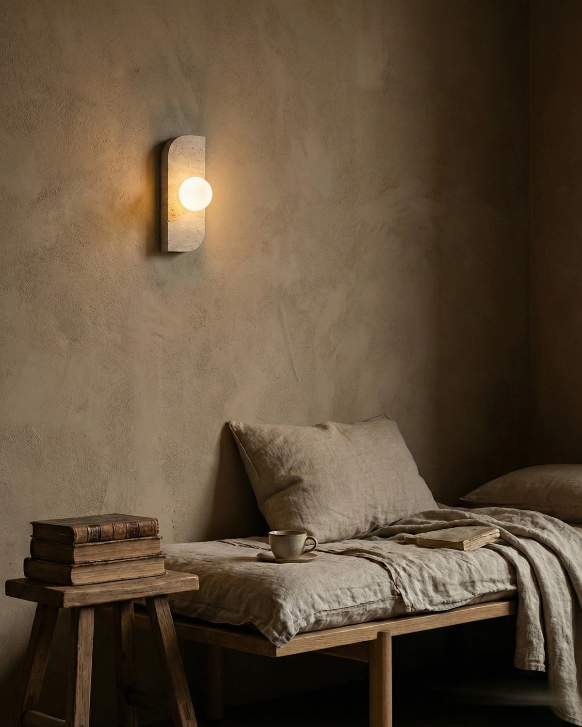 Travertine wall sconce GENOVA No.01 lit above a daybed with linen cushions and a stack of books