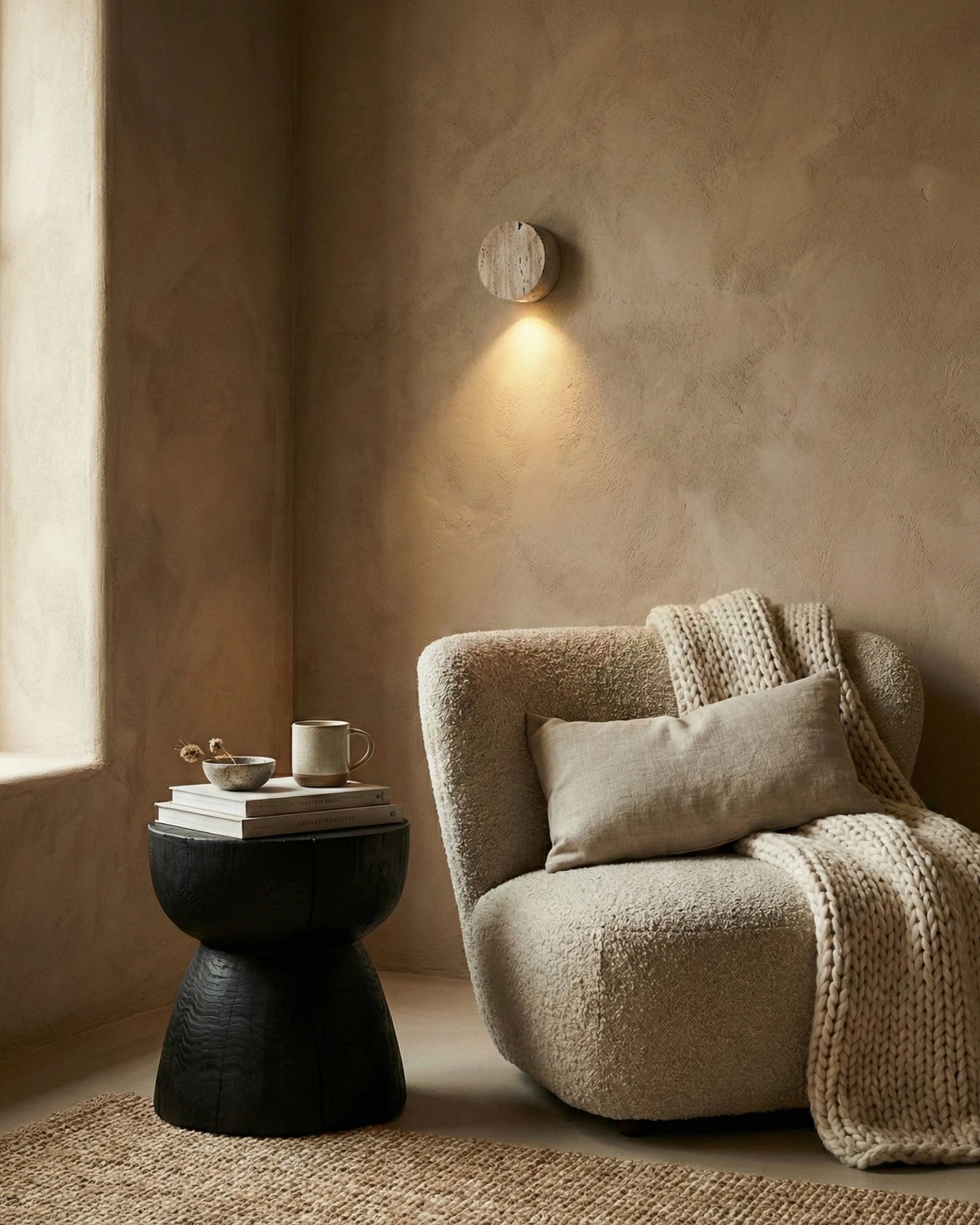 Travertine wall sconce VERONA No.01 switched on above a boucle armchair and a black side table in a plaster corner