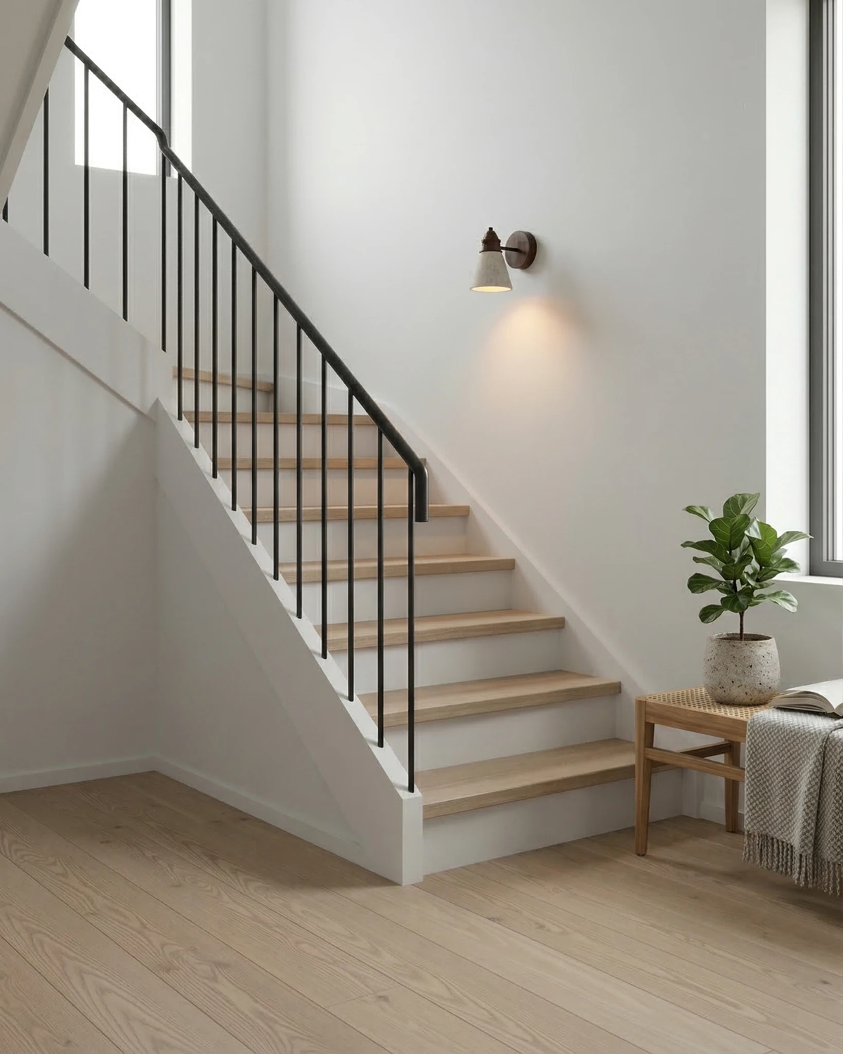 Travertine wall sconce CONA No.03 glowing on a white wall beside a light oak staircase with a black railing