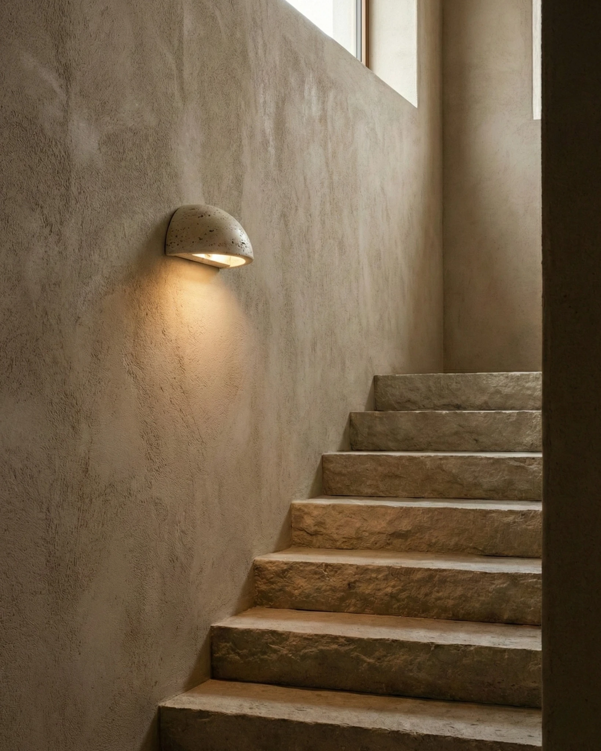 Travertine wall sconce BERGAMO No.01 lit on a textured wall beside rough stone stairs in a stairwell