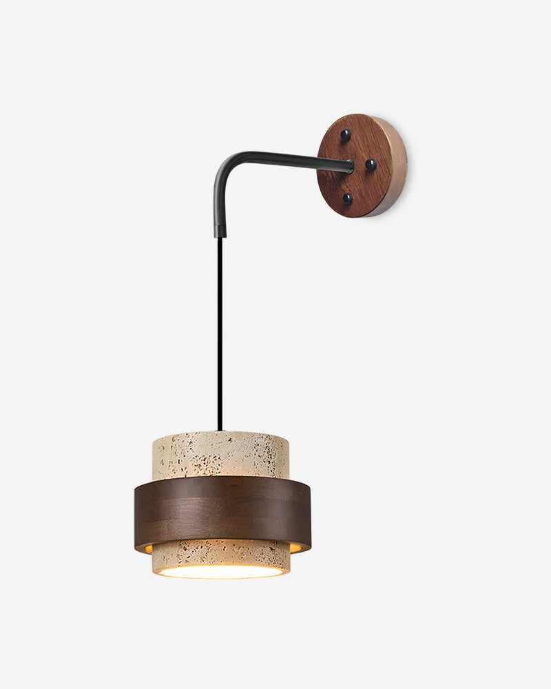 Travertine wall sconce TIVOLI No.02, travertine drum with walnut belt hanging from a black arm on a walnut backplate