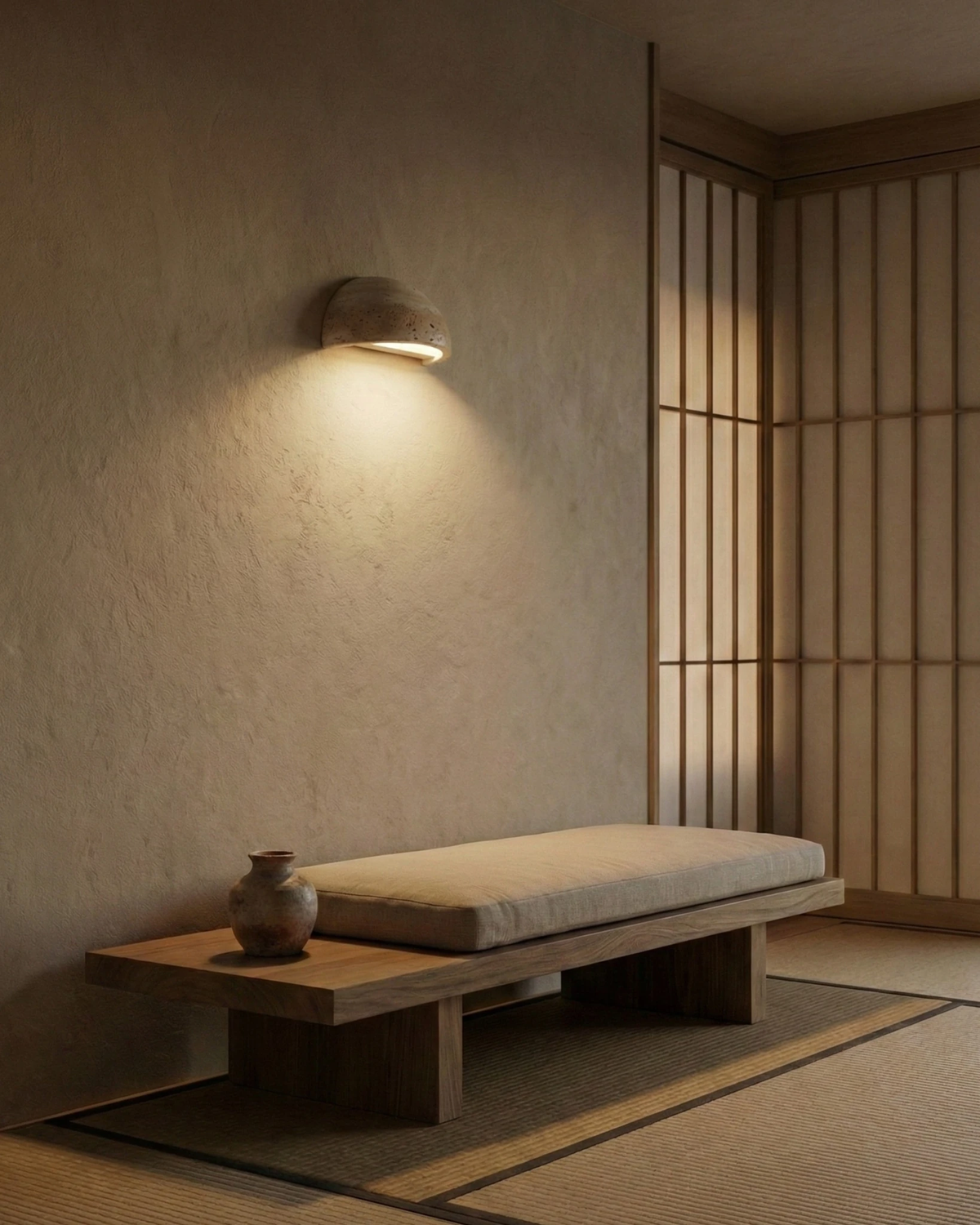 Travertine wall sconce BERGAMO No.01 lit above a wooden daybed with a cushion beside a slatted wood screen