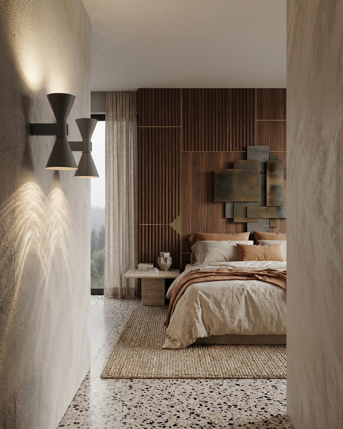 Up down wall sconce ECLISSI No.01, two dark gray units lit on a plaster wall in a bedroom with a wood slat wall