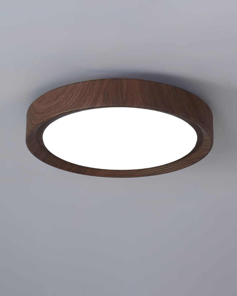 Walnut-grain flush mount ceiling light COMO No.01, dark walnut-grain drum with a white lit panel