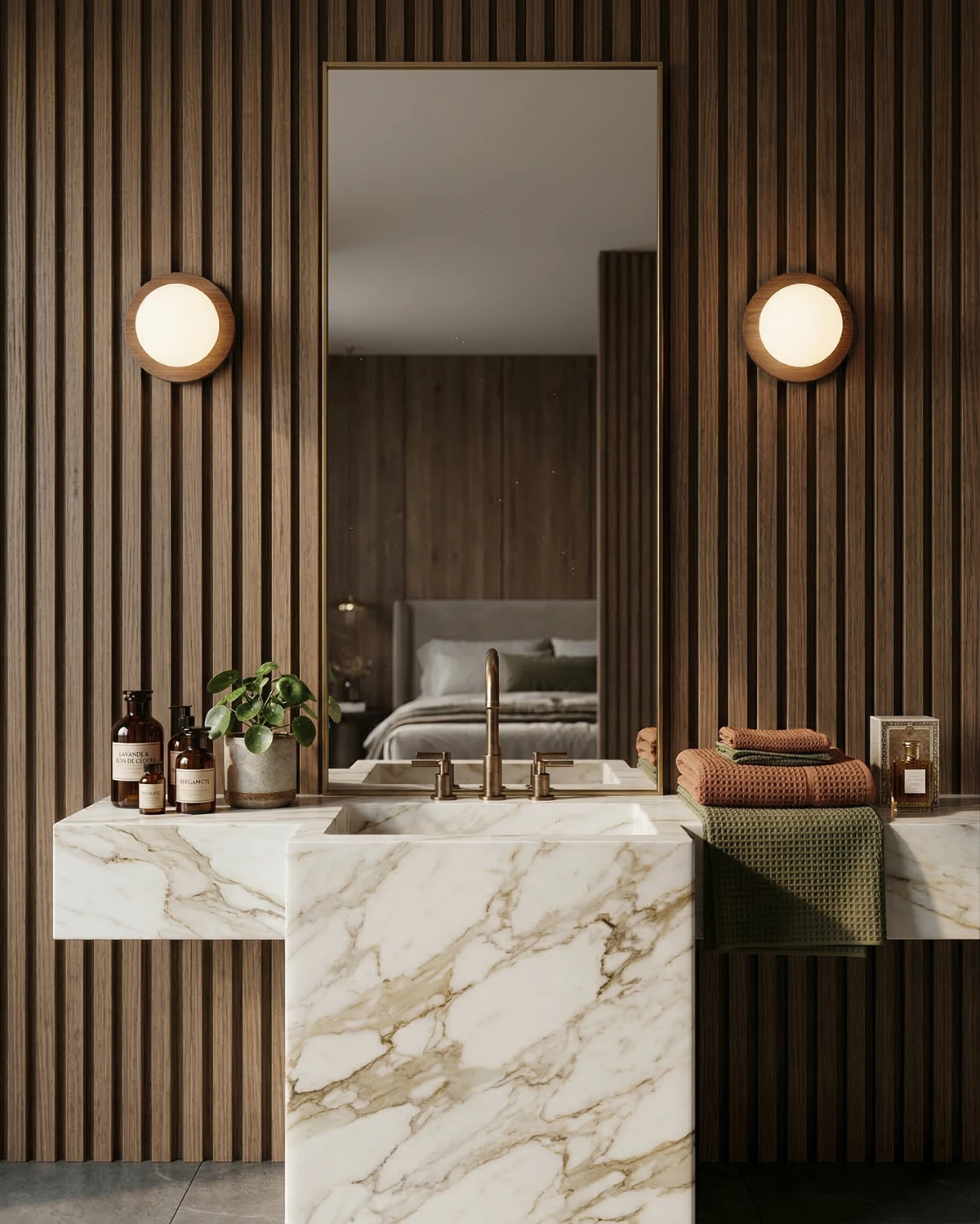Two wood flush mount ceiling lights LIDO No.01 lit flanking a mirror above a marble bathroom vanity