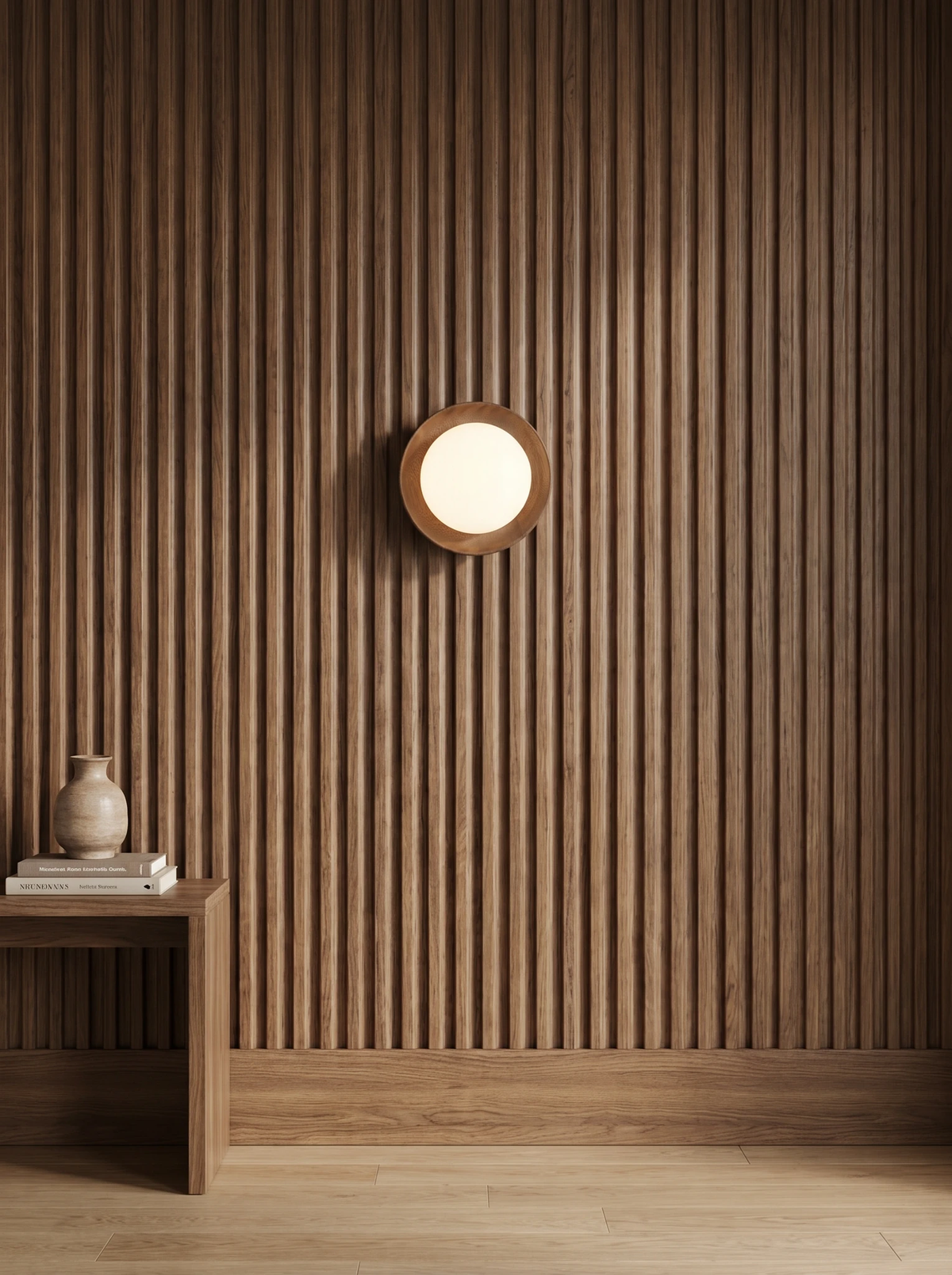 Wood flush mount ceiling light LIDO No.01 lit on a fluted wood wall above a small console with a vase