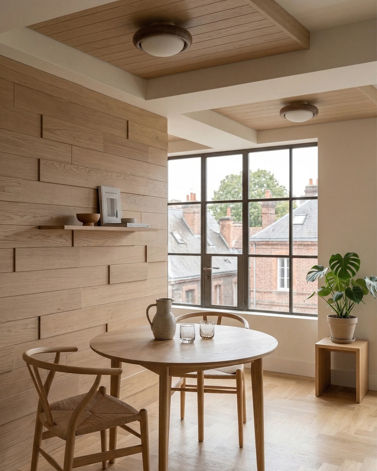 Wood flush mount ceiling lights MURA No.01, two units above a round oak table with wishbone chairs