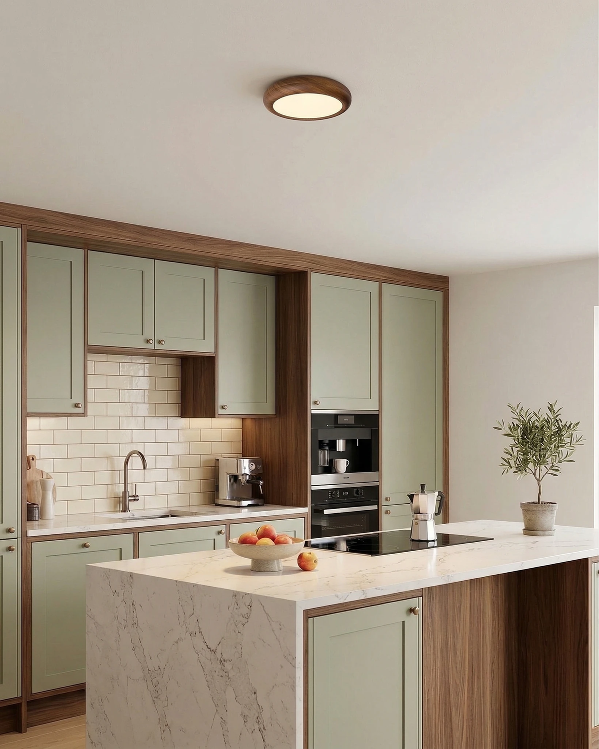 Wood flush mount ceiling light COMO No.01 lit on the ceiling of a green kitchen with a marble island