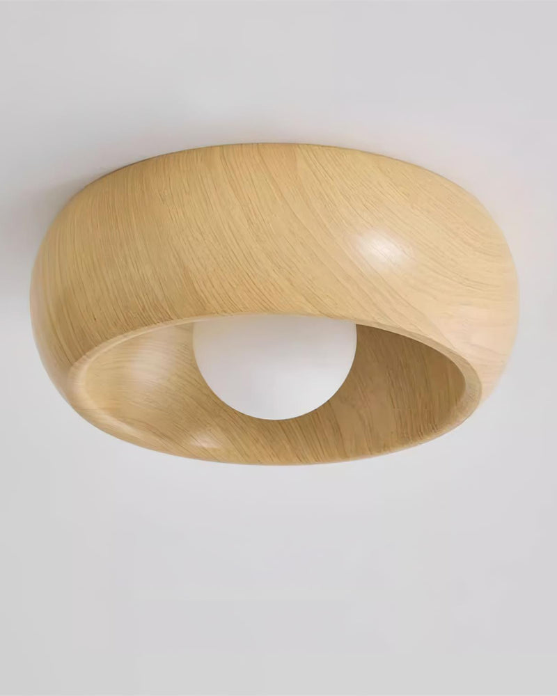Wood flush mount ceiling light OMBRA No.01 in light oak, rounded pale wood dome with a white opal bulb, unlit