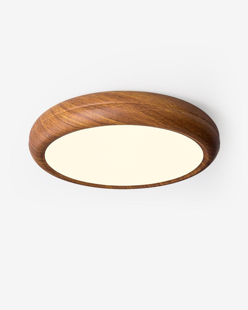 Wood flush mount ceiling light COMO No.01 in Natural Grain, 16 in rounded wood drum with a warm lit diffuser