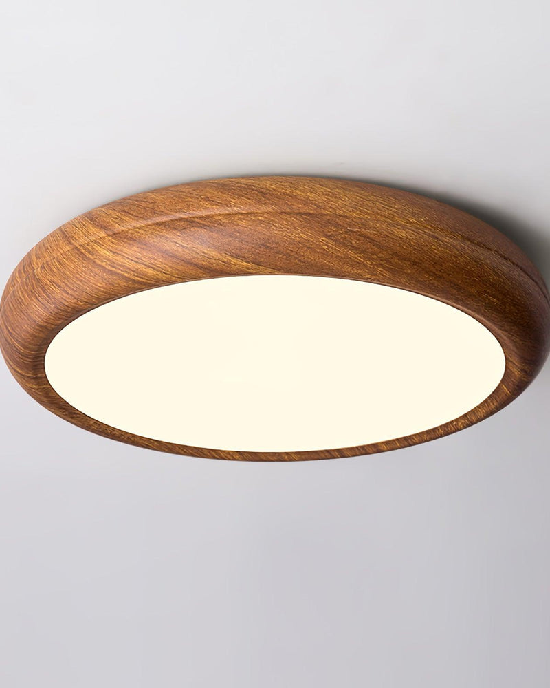 Wood flush mount ceiling light COMO No.01 in Natural Grain, 20 in wood drum switched on, seen from below