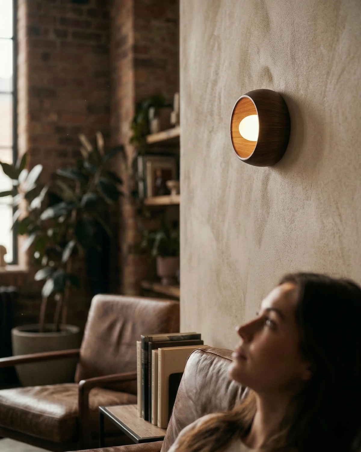 Wood flush mount ceiling light OMBRA No.01 used as a lit wall light on a plaster wall beside brick and a leather armchair