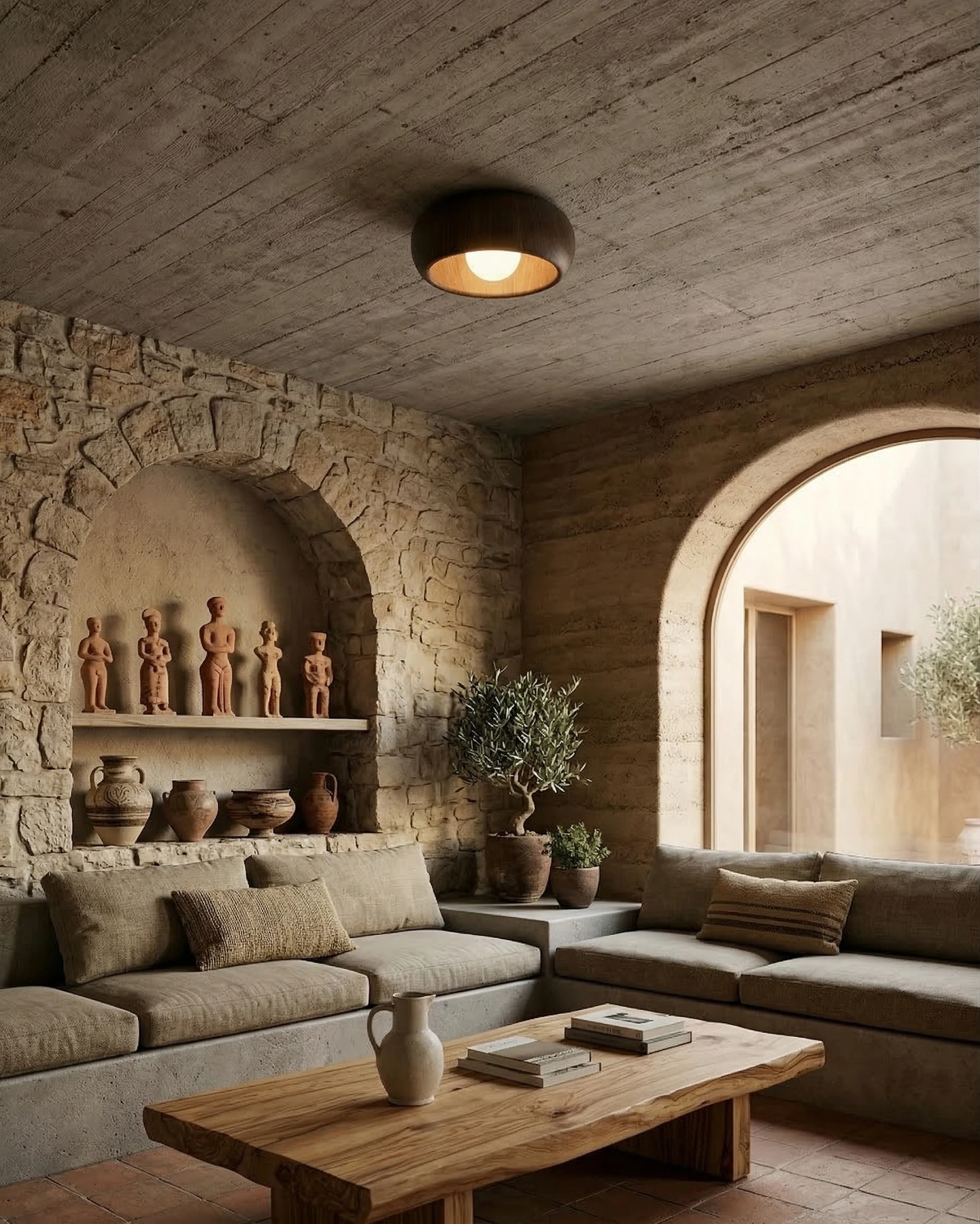 Wood flush mount ceiling light OMBRA No.01 lit on the ceiling of a stone-walled living room with arched windows and a sofa