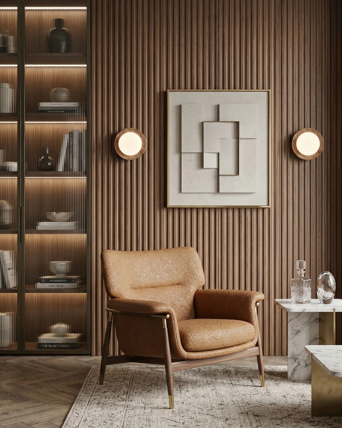 Two wood flush mount ceiling lights LIDO No.01 lit on a wood-slat wall beside artwork and a leather chair