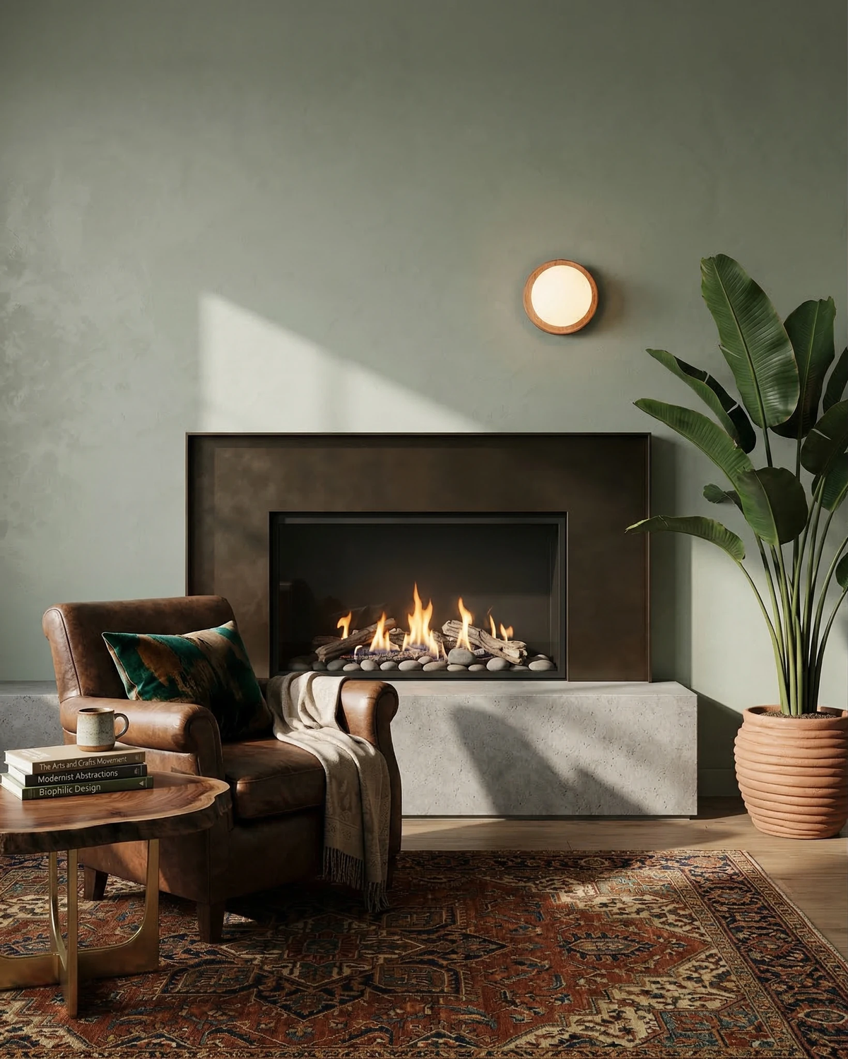 Wood flush mount ceiling light LIDO No.01 lit on the wall above a fireplace with leather armchairs
