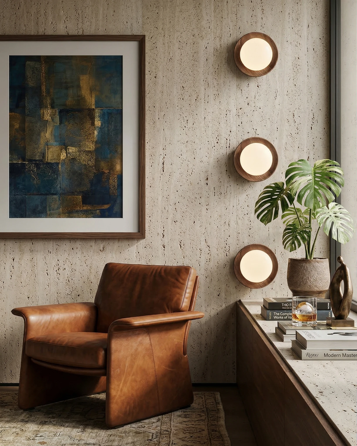 Three wood flush mount ceiling lights LIDO No.01 lit in a vertical row above a brown leather armchair
