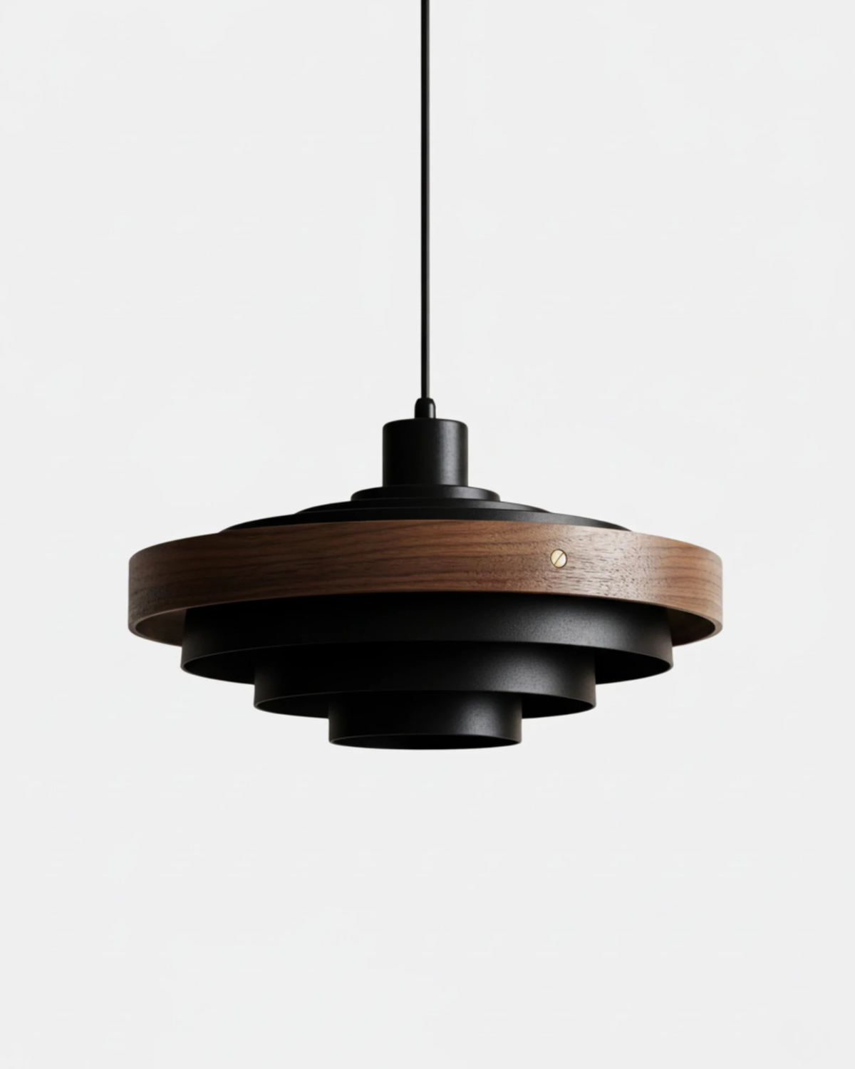 Wood pendant light STECCA No.01 in matte black with a dark walnut ring, layered saucer tiers, unlit