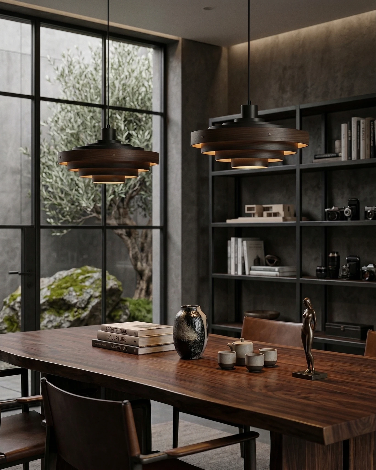 Wood pendant light STECCA No.01, two black tiered pendants lit above a walnut dining table by a courtyard window
