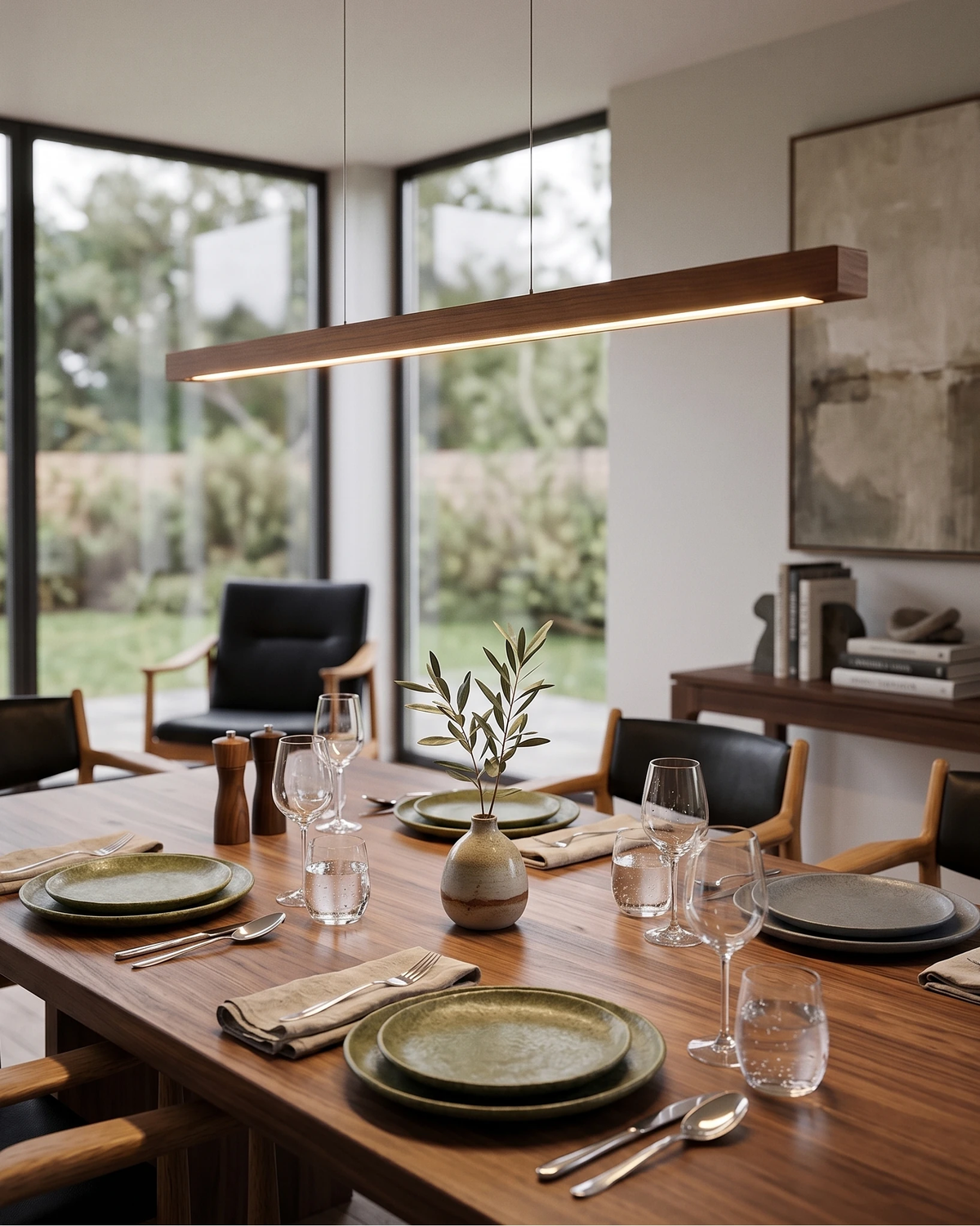 Wood pendant light VIRGA No.01 in walnut, lit over a walnut dining table set with green plates by floor-to-ceiling windows