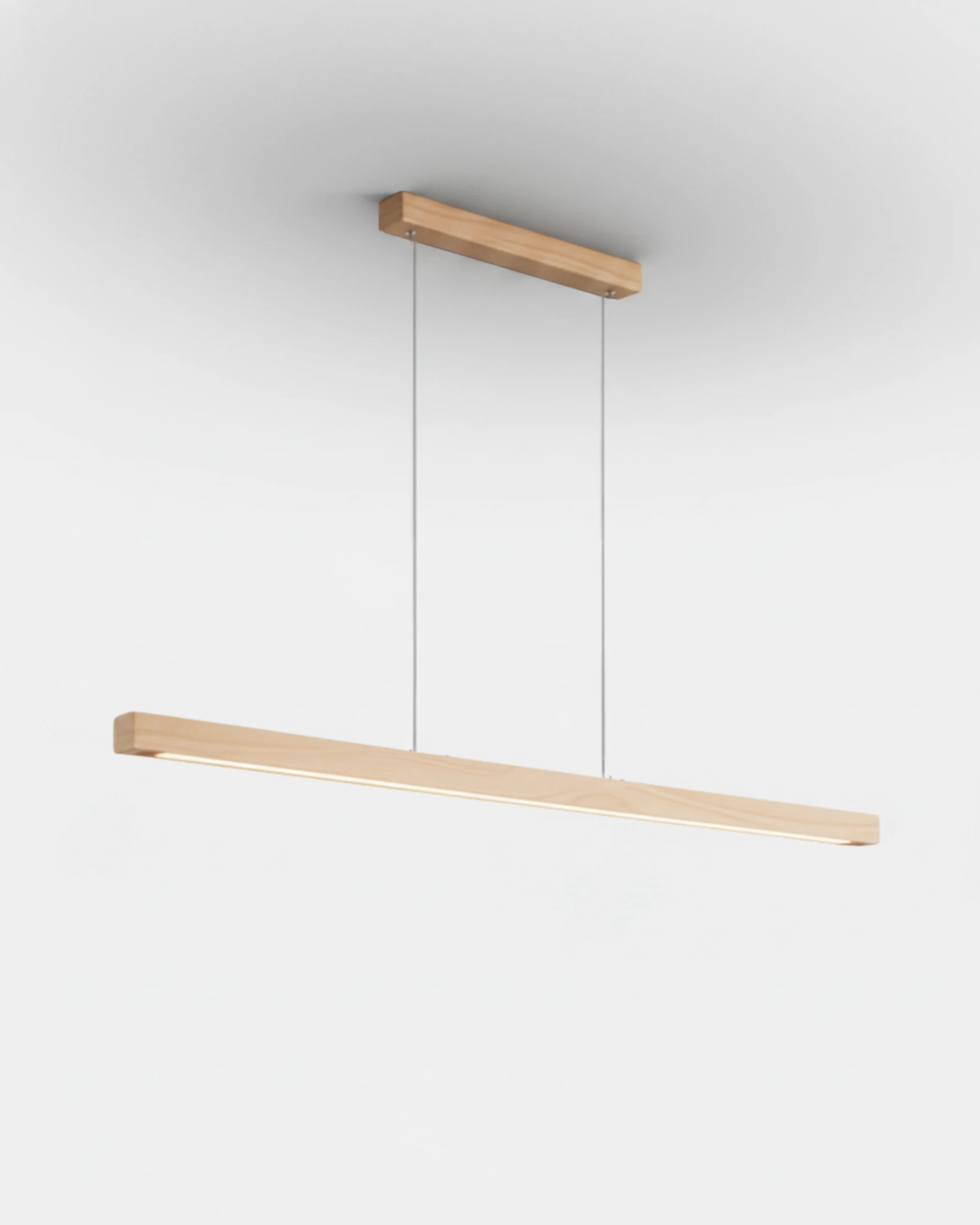 Wood pendant light VIRGA No.01 in 47 in natural ash, pale wood linear bar and matching canopy, LED strip switched on
