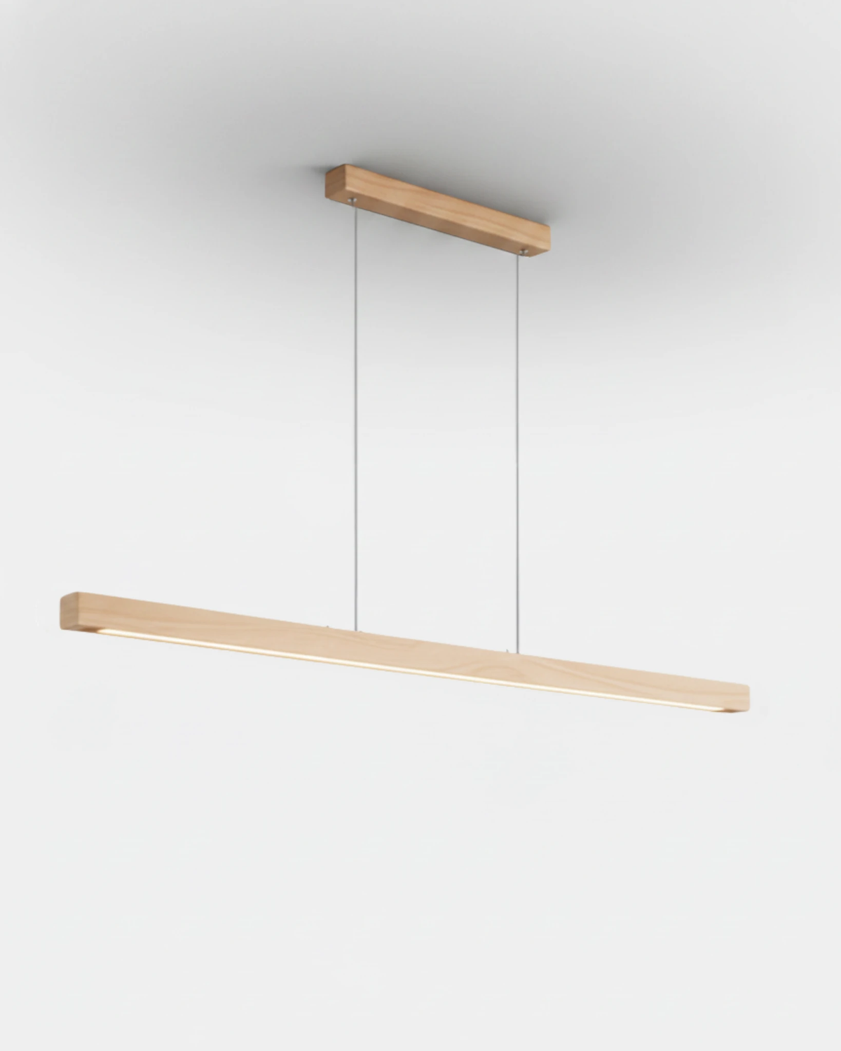 Wood pendant light VIRGA No.01, 59 in natural ash linear bar suspended from a pale ash canopy, light strip on