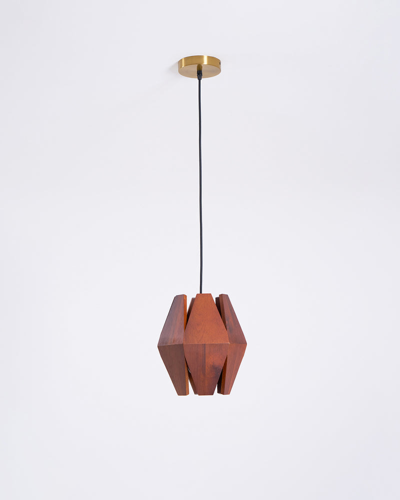 Wood pendant light ORBIT No.01 full length, faceted walnut prism on a long black cord under a brushed brass canopy