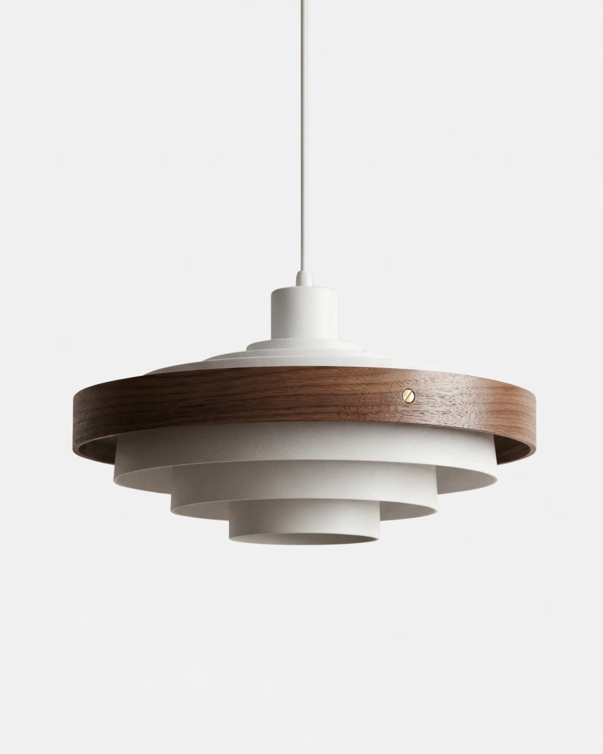 Wood pendant light STECCA No.01 in matte white with a dark walnut ring, layered saucer shade, unlit
