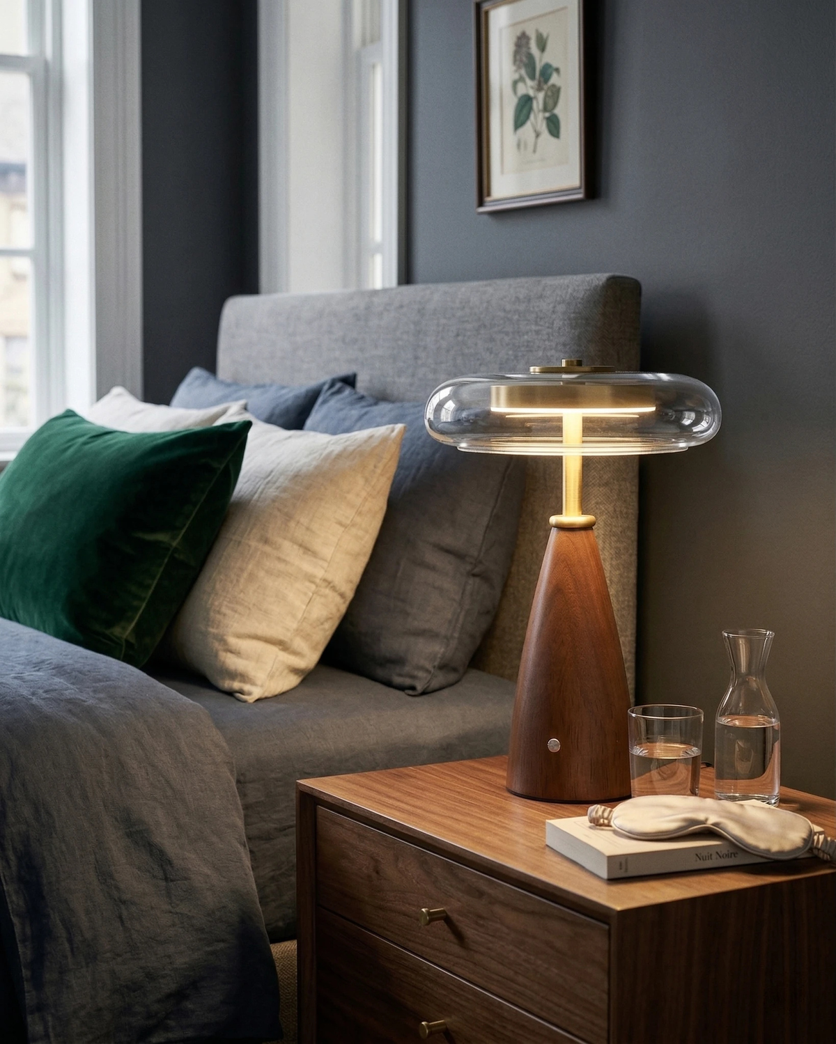 Wood table lamp ROCCA No.01 glowing on a walnut nightstand beside a bed with grey and green pillows