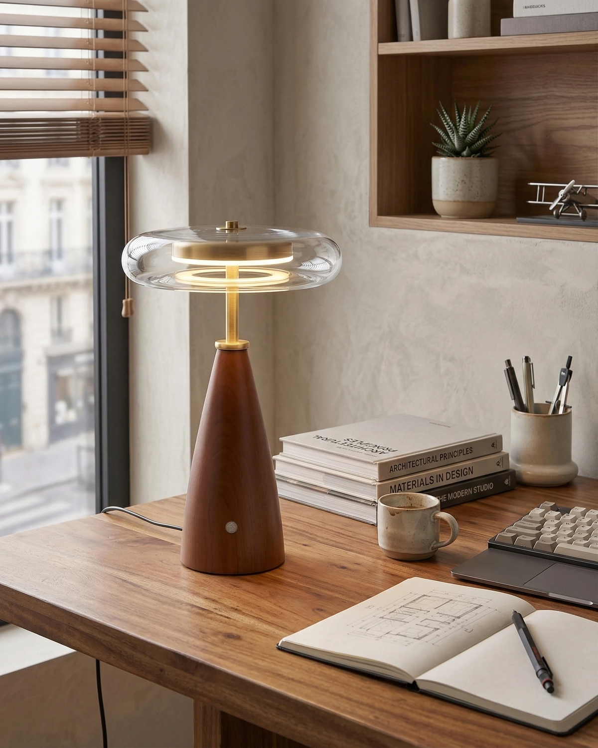 Wood table lamp ROCCA No.01 lit on a desk with a notebook, pen and mug in front of a window