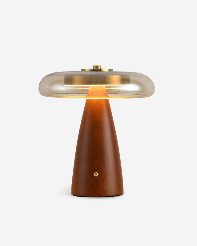 Wood table lamp ROCCA No.01 standard size, walnut cone base with cognac ribbed glass disc shade, switched on