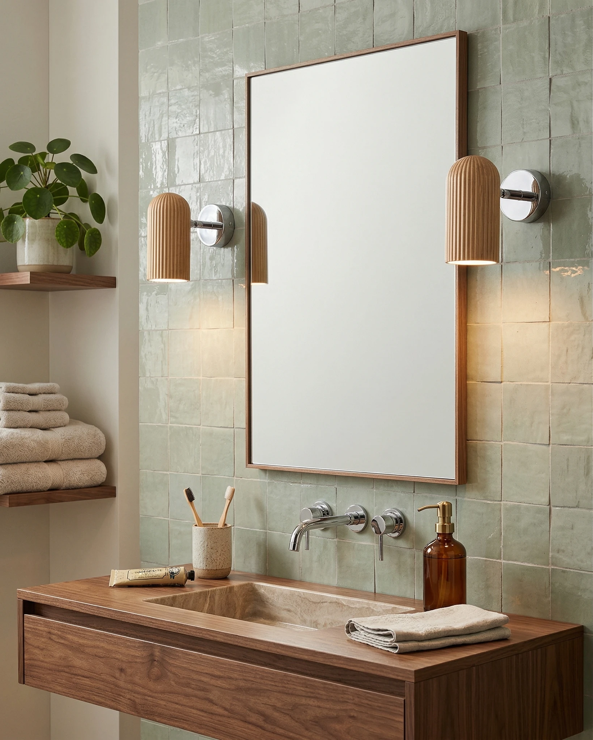 Two wood wall sconces NOTA No.01 lit flanking a mirror above a wood vanity with green tiles