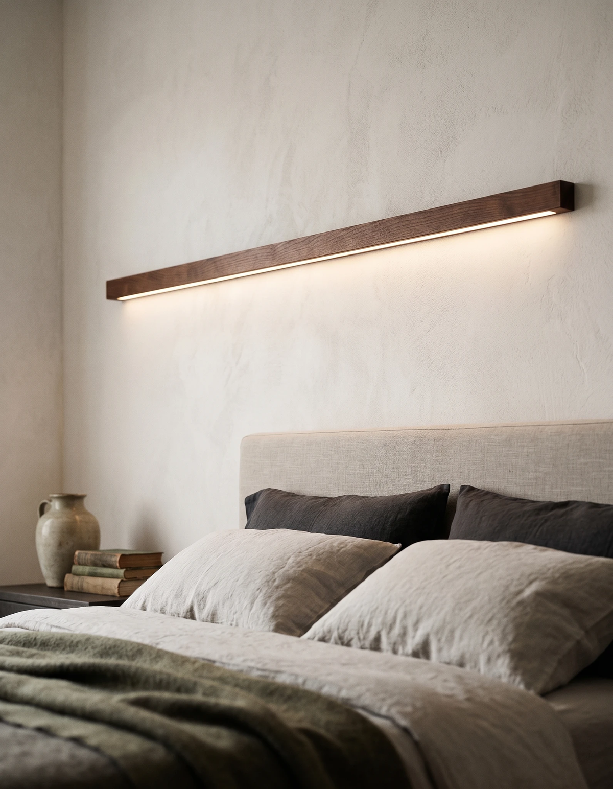 Wood wall sconce PIANO No.01, dark walnut bar lit on the wall above a bed headboard in a bedroom