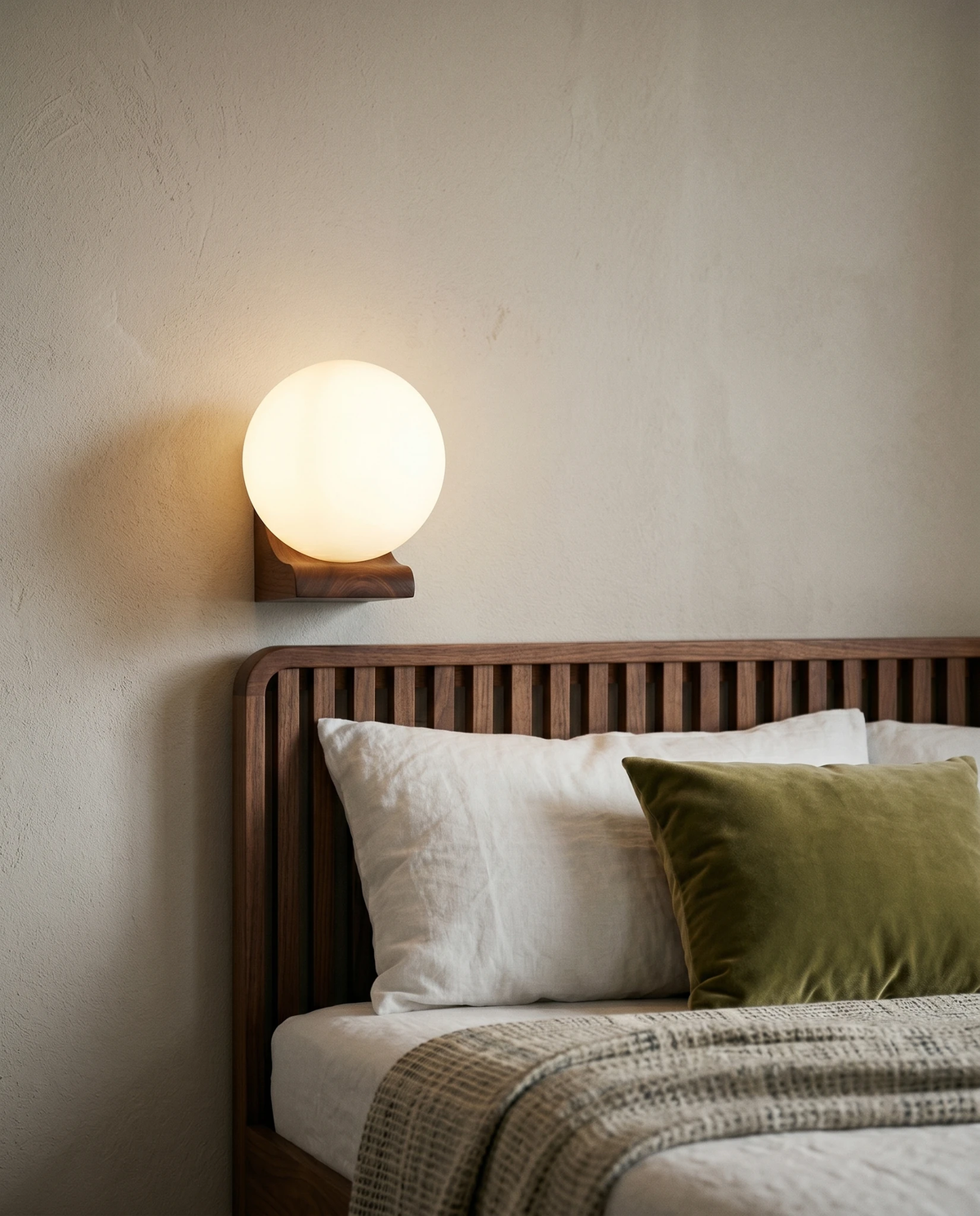 Wood wall sconce CURVA No.01 glowing above a bed with a wooden slat headboard and green pillows