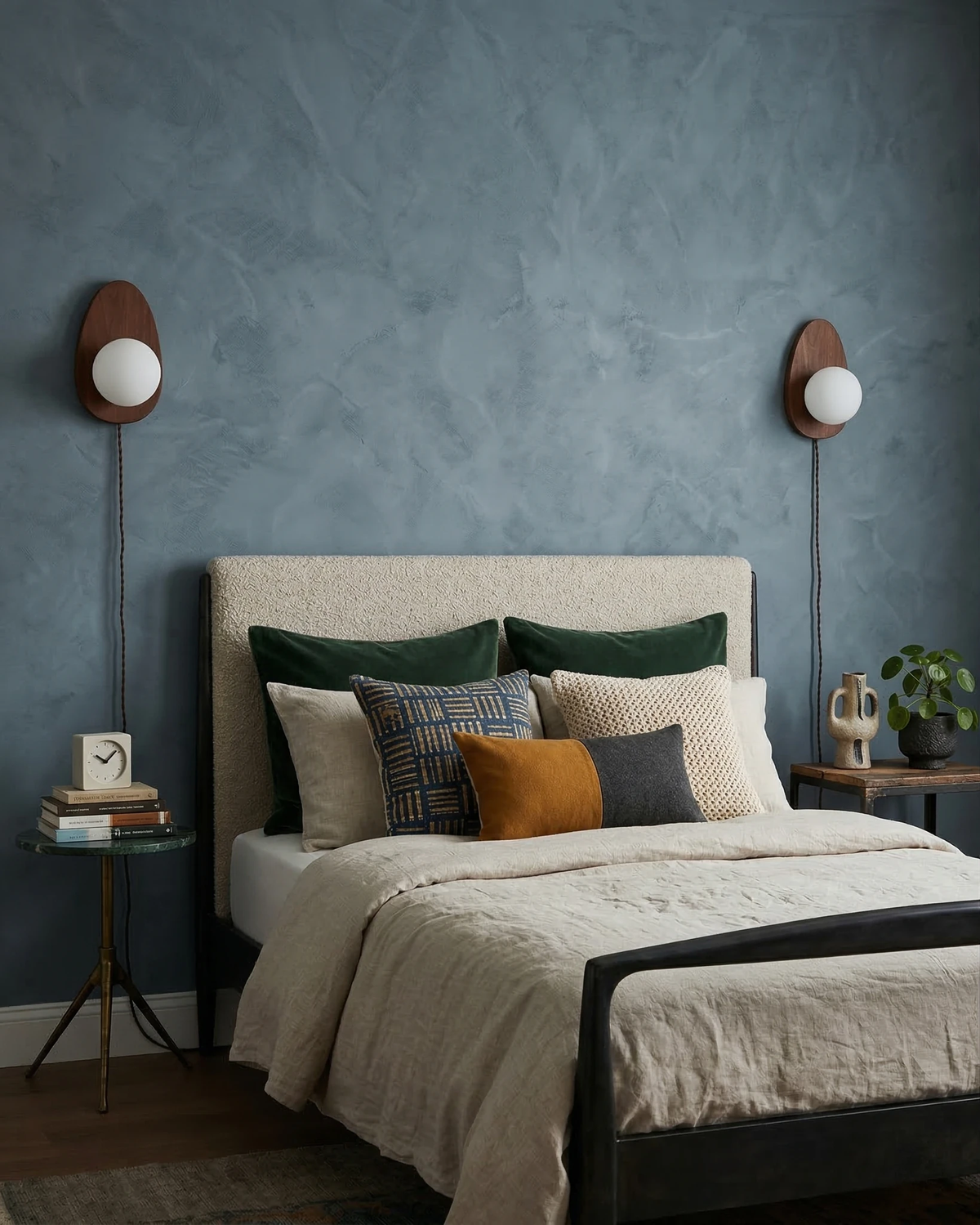 Two wood wall sconces FOGLIA No.01 lit on a blue plaster wall flanking a bed with green and mustard pillows