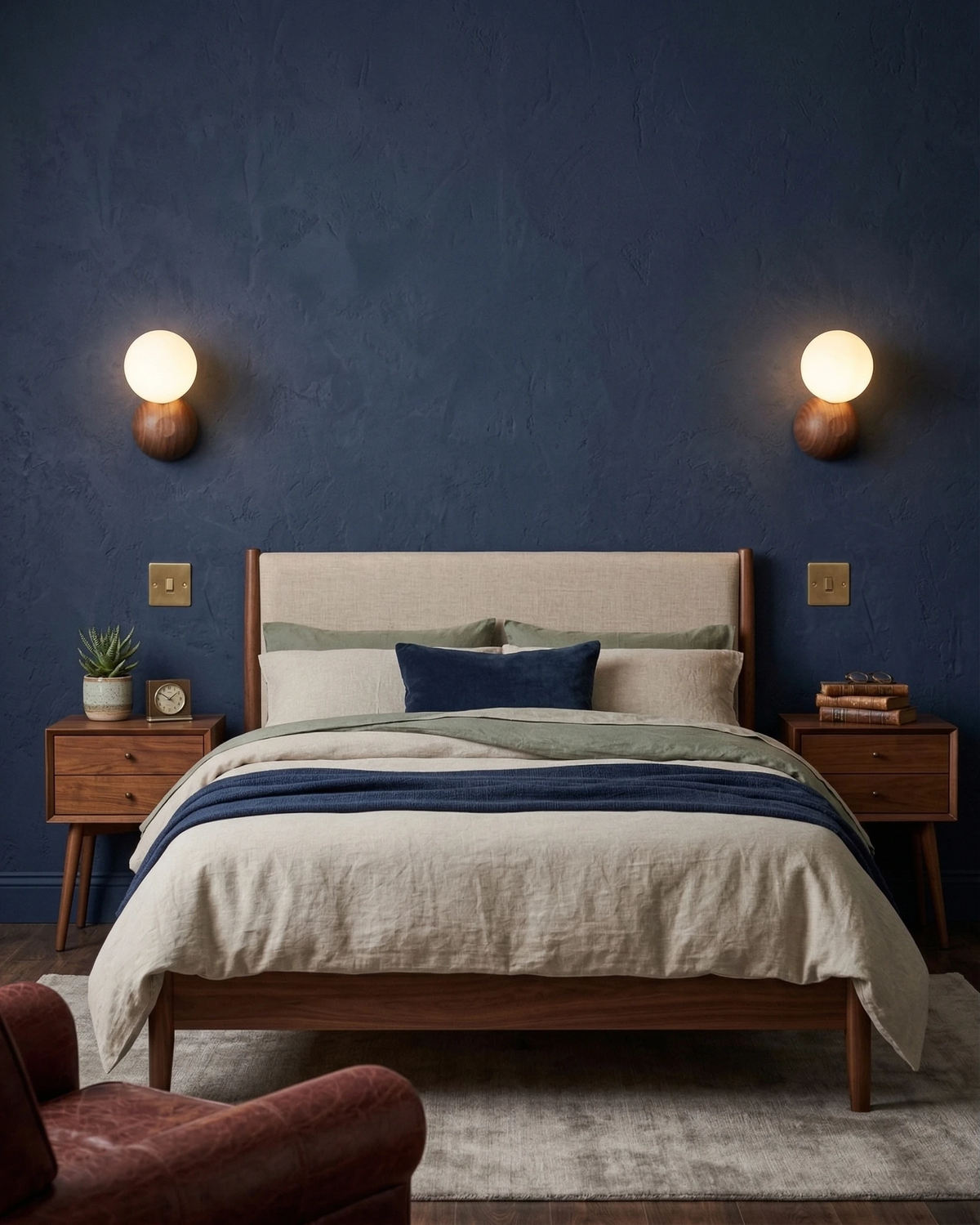 Two wood wall sconces ALBE No.01 lit on a navy wall flanking a bed with a cream headboard and walnut nightstands