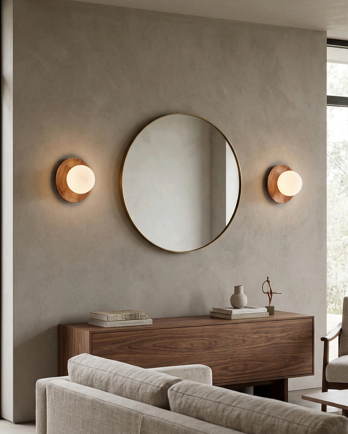 Two wood wall sconces MURA No.02 lit flanking a round mirror above a wooden console with a sofa in front