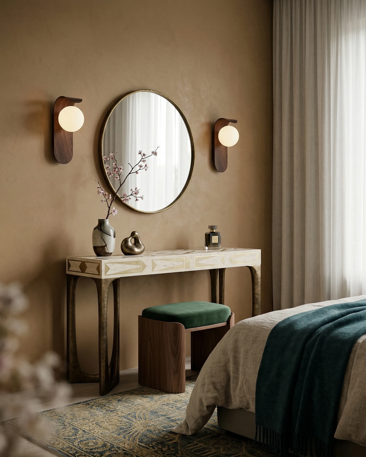 Two wood wall sconces RIMINI No.01 lit flanking a round mirror above a console with a stool in a bedroom
