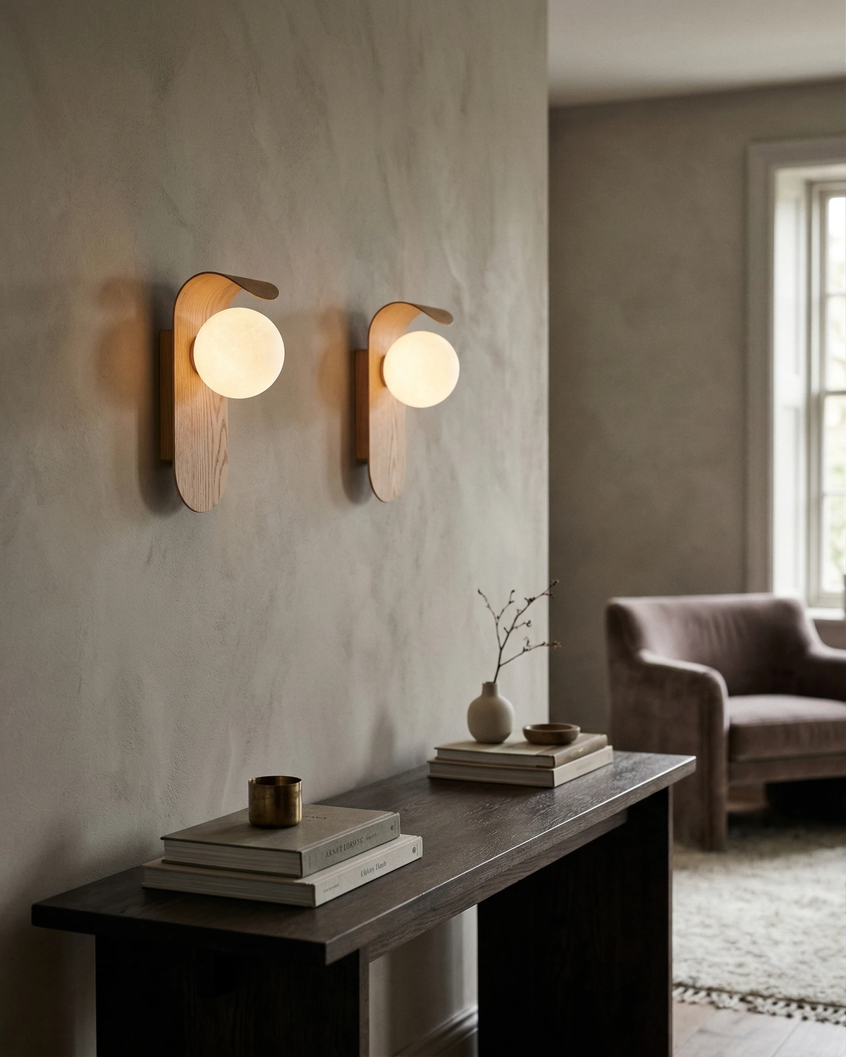 Pair of wood wall sconces RIMINI No.01 in walnut lit above a dark wood console with books and an armchair