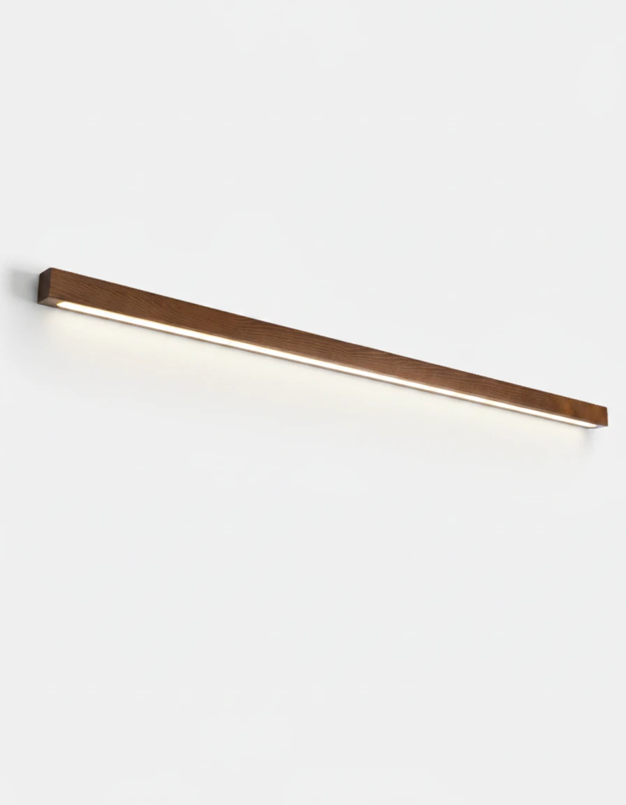 Wood wall sconce PIANO No.01, 120 cm dark walnut linear bar, LED switched on and shining downward