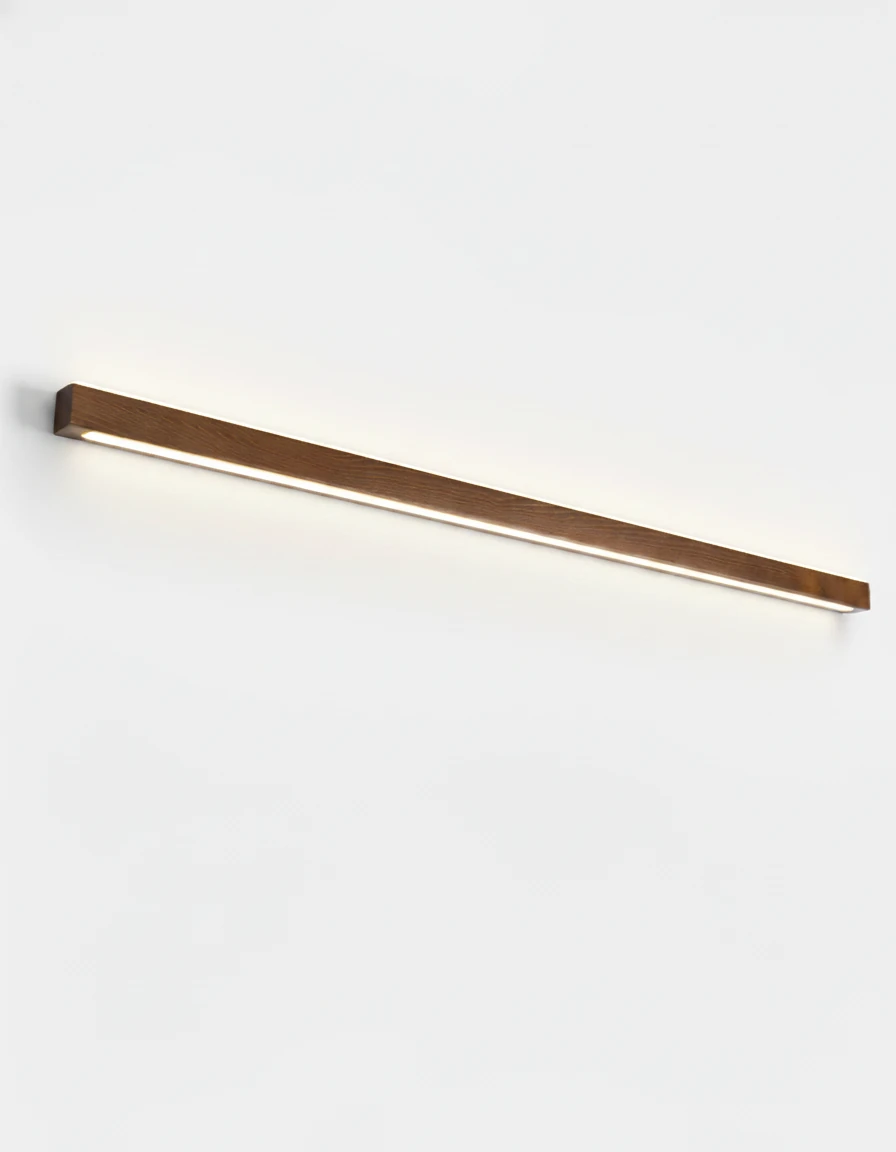 Wood wall sconce PIANO No.01, 120 cm dark walnut bar casting light upward and downward, lit