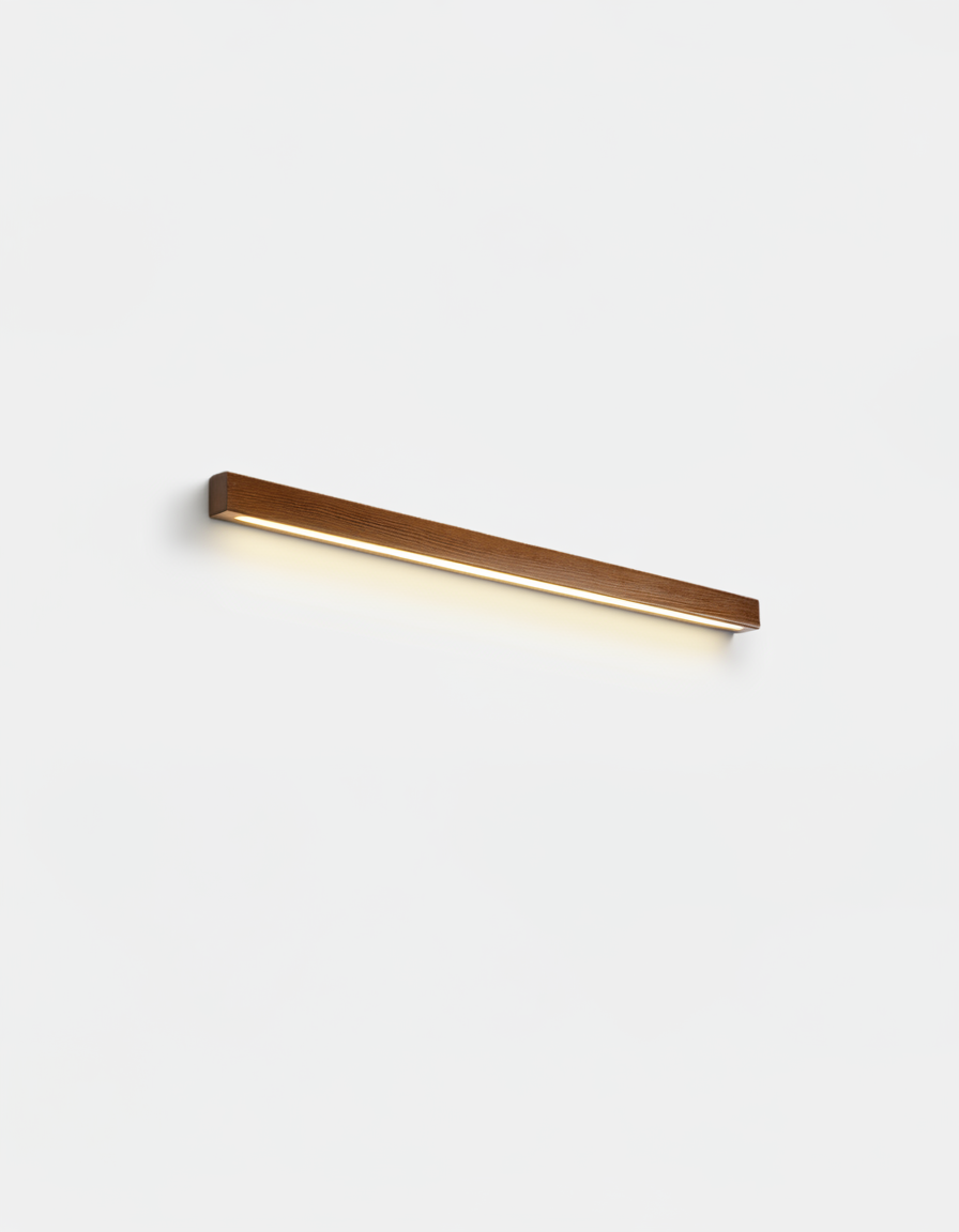 Wood wall sconce PIANO No.01, dark walnut 60 cm linear bar with a down-only LED glow, switched on