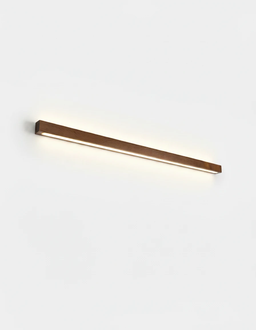 Wood wall sconce PIANO No.01, 80 cm dark walnut bar glowing up and down on a white wall