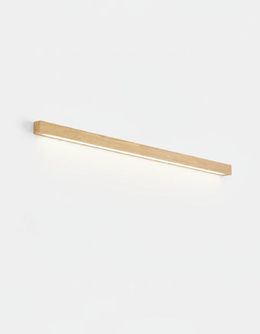 Wood wall sconce PIANO No.01, 80 cm light walnut bar with a downward glow, switched on