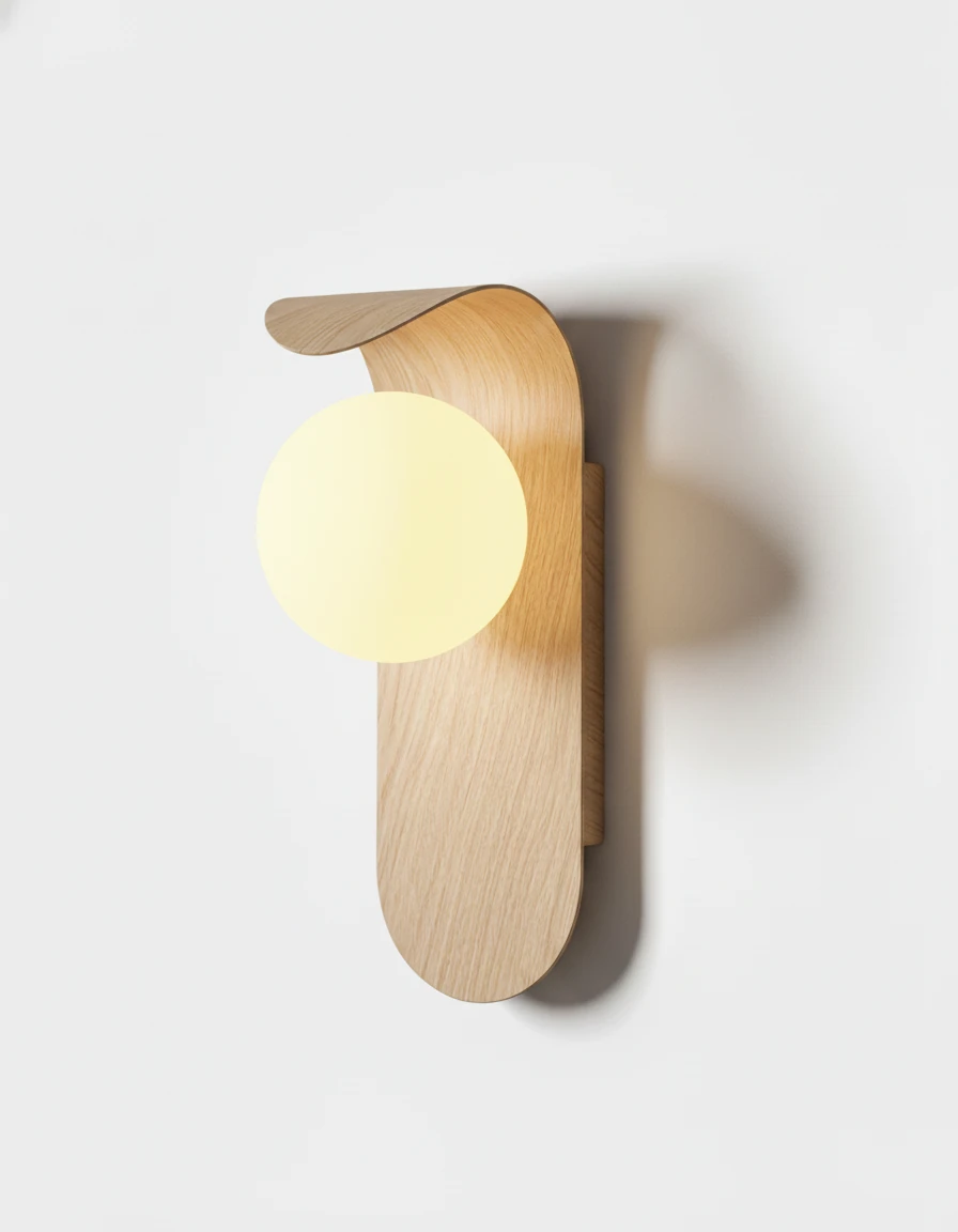 Wood wall sconce RIMINI No.01 in natural wood, pale bentwood curve holding a glowing opal globe