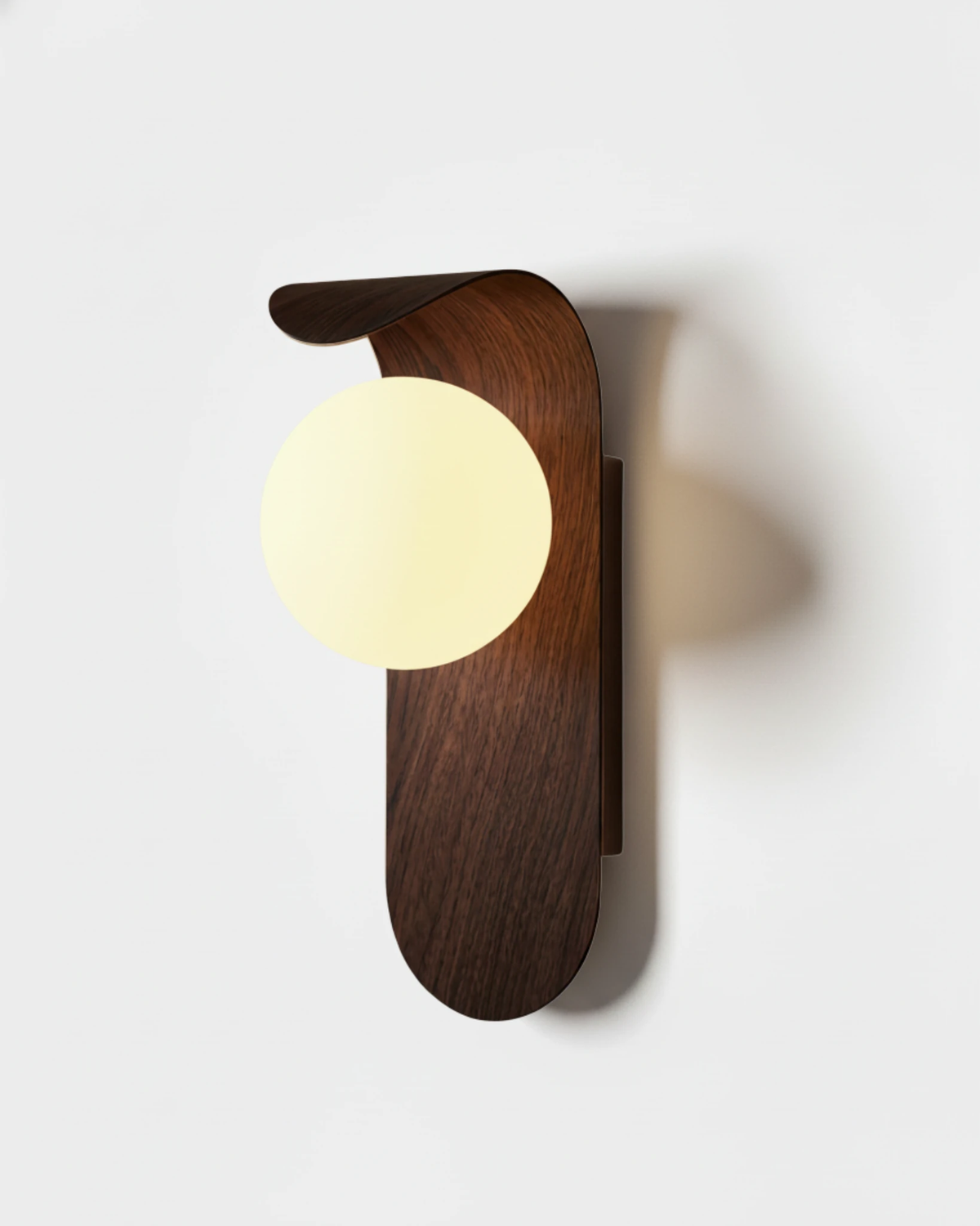 Wood wall sconce RIMINI No.01 in walnut, curved bentwood panel cradling a lit opal globe, white background