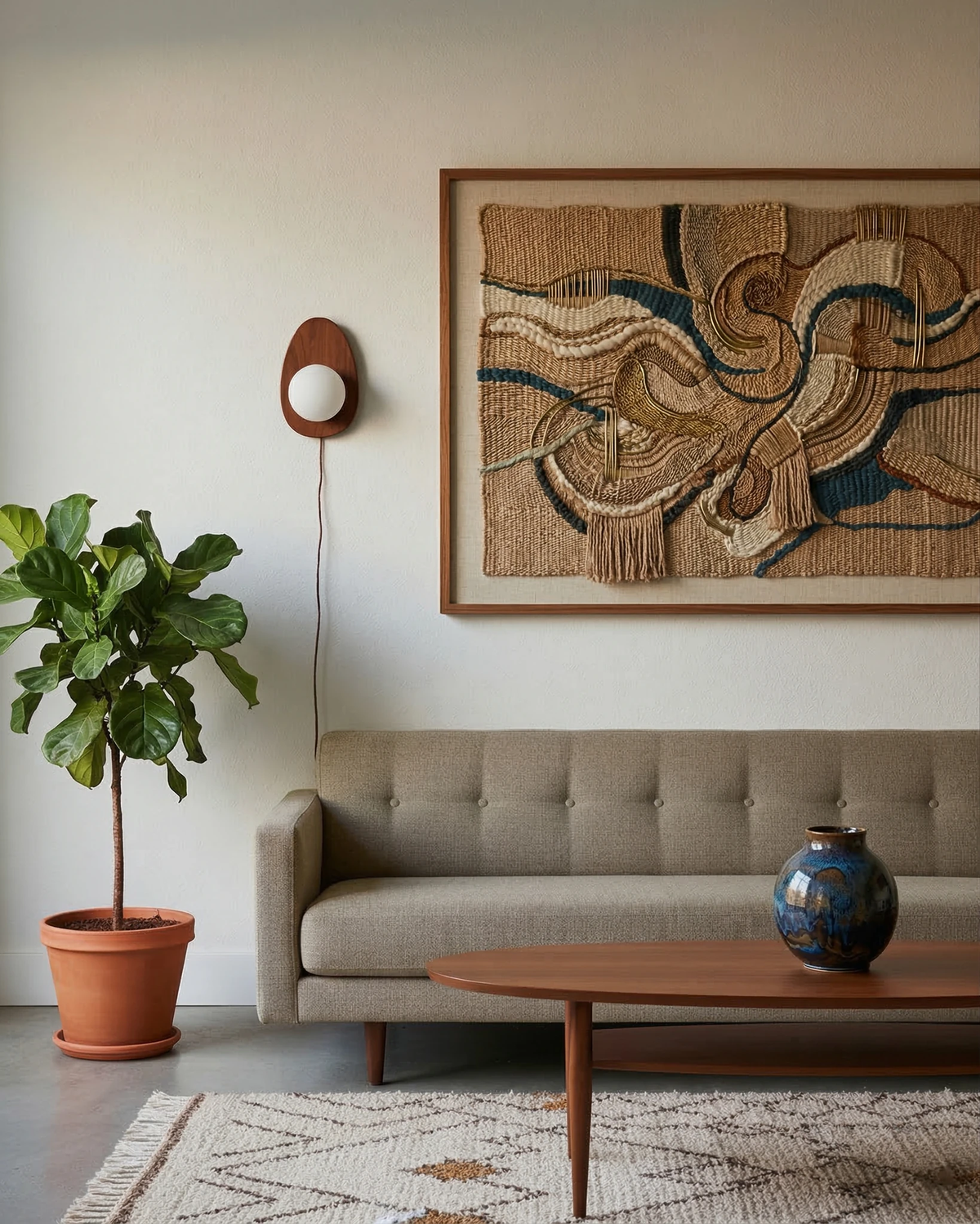 Wood wall sconce FOGLIA No.01 switched on beside a woven fiber artwork above a tufted beige sofa and a fig tree