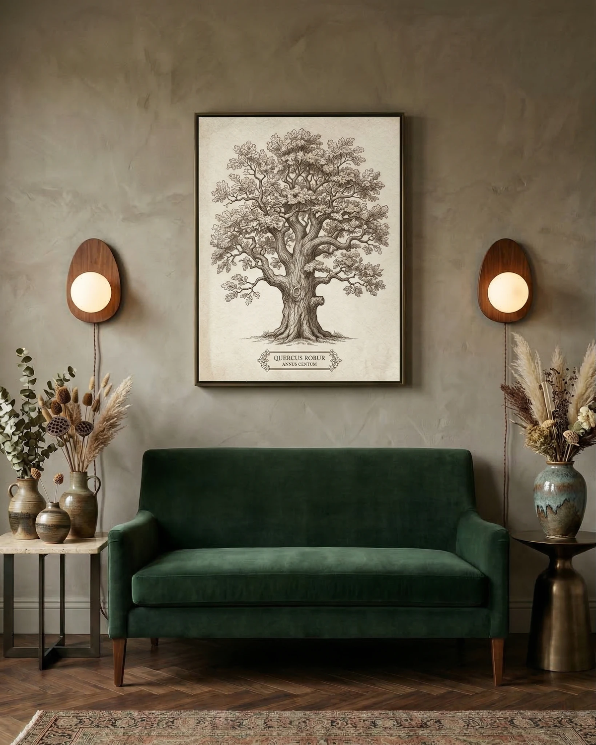 Pair of wood wall sconces FOGLIA No.01 lit either side of a framed tree print above a green velvet settee